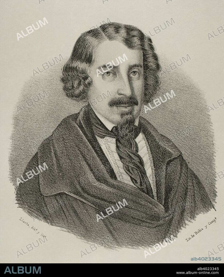 José de Espronceda (Almendralejo, 1808-Madrid, 1842). Escritor español de la época del Romanticismo. Dibujo por Llanta. Litografía. Retrato. Crónica General de España, Historia Ilustrada y Descriptiva de sus Provincias. Extremadura, 1870. Biblioteca Histórico Militar de Barcelona. Cataluña, España.