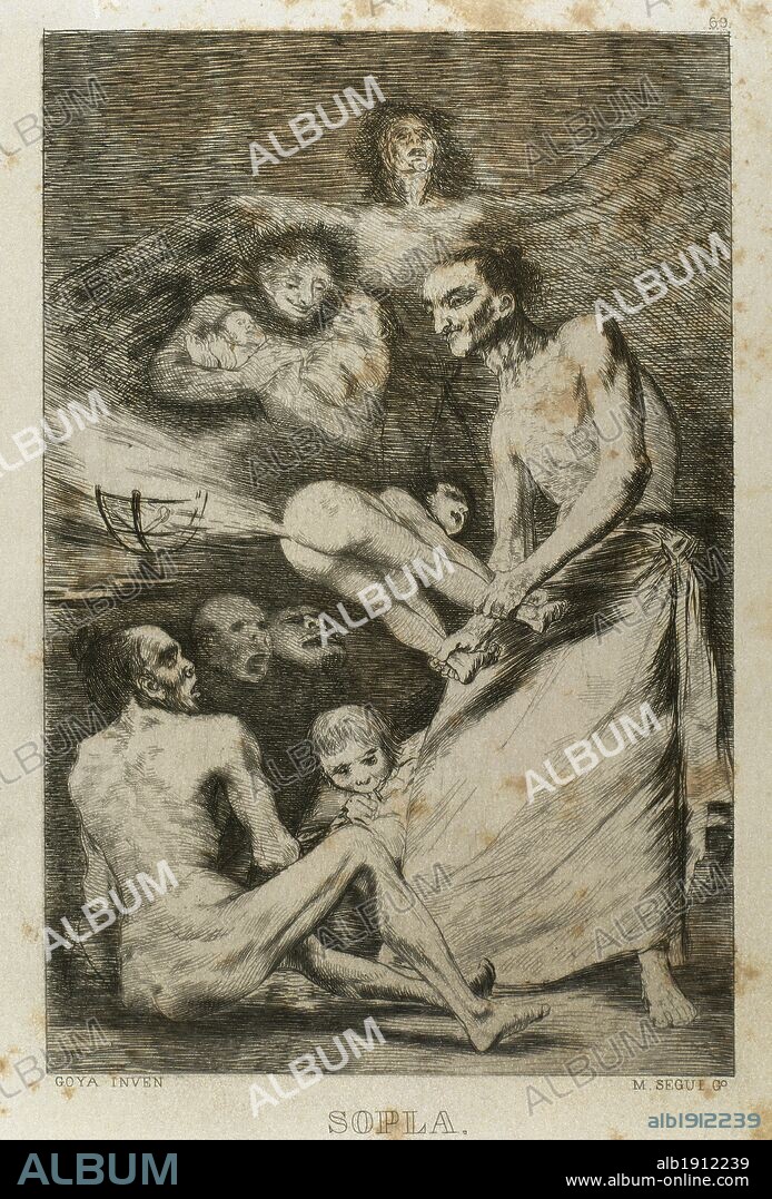 FRANCISCO DE GOYA. ARTE S. XVIII. ESPAÑA. GOYA, Francisco (Fuendetodos, 1746-Burdeos, 1828). Pintor y grabador español. "SOPLA". Aguafuerte que perteneece a la colección de 84 grabados titulada "CAPRICHOS" de temática satírico-fantasmagórica, editados en el año 1799. Reproducción de M. Seguí i Riera.