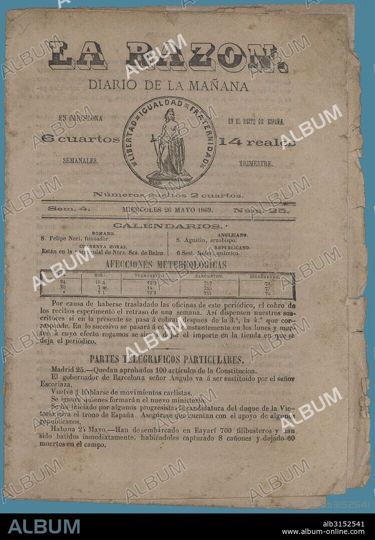Portada del diario de la mañana La Razón, editado en Barcelona, año 1869.
