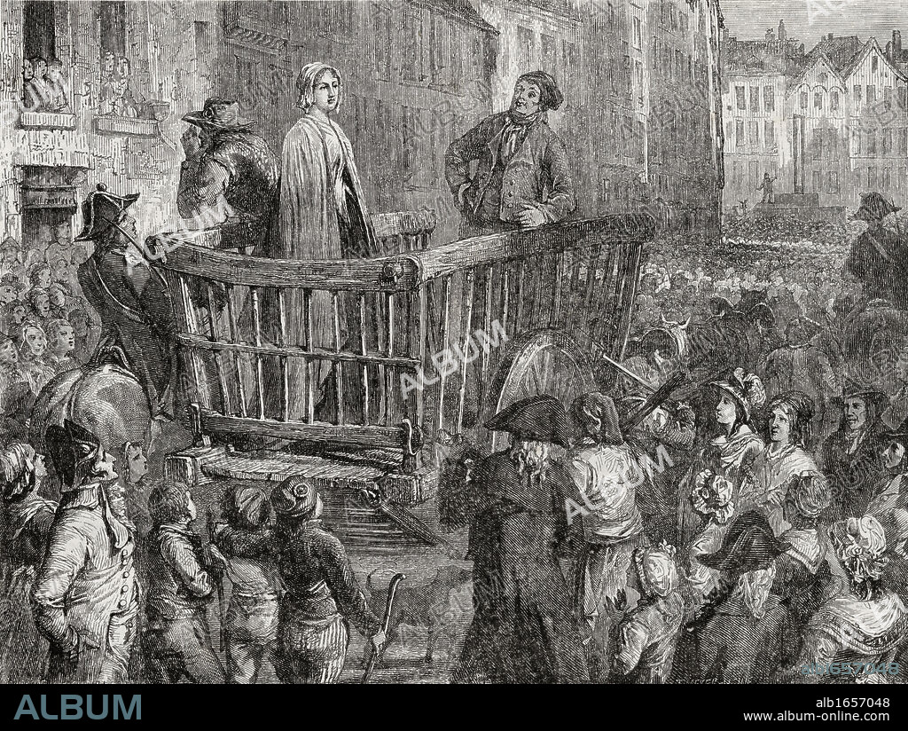 Charlotte Corday driven to her execution, 17 July 1793. Charlotte Corday,1768-1798. French Revolutionary heroine. Engraved by Meyer-Heine after De La Charlerie. From "Histoire de la Revolution Francaise" by Louis Blanc.
