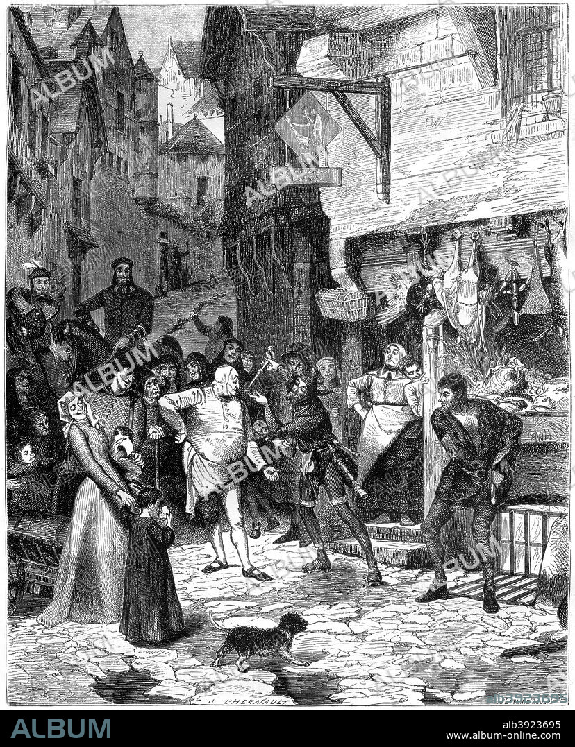 Seigni Joan, rue de Petit Chastelet, 14th century (1882-1884). A jester entertaining a crowd on a street outside a butcher's shop. A print from La France et les Français à Travers les Siècles, Volume I, F Roy editor, Saint-Antoine, 1882-1884.