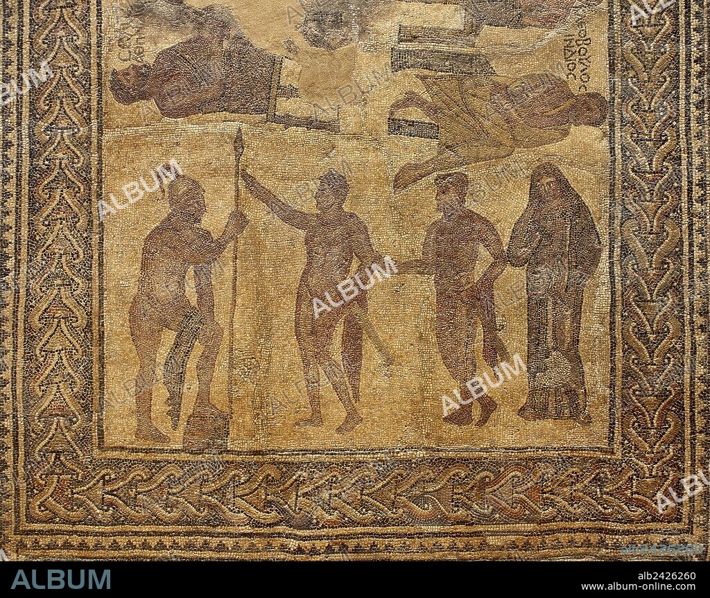 GUERRA DE TROYA. Detalle del "MOSAICO DE LOS SIETE SABIOS" (siglo IV d. C.) con la representación de un capítulo de LA ILIADA: "BRISEIDA, HIJA DE BRISES, ES DEVUELTA A AQUILES TRAS HABER SIDO RAPTADA POR AGAMENON". Museo Nacional de Arte Romano. Mérida. Provincia de Badajoz. Extremadura. España.
