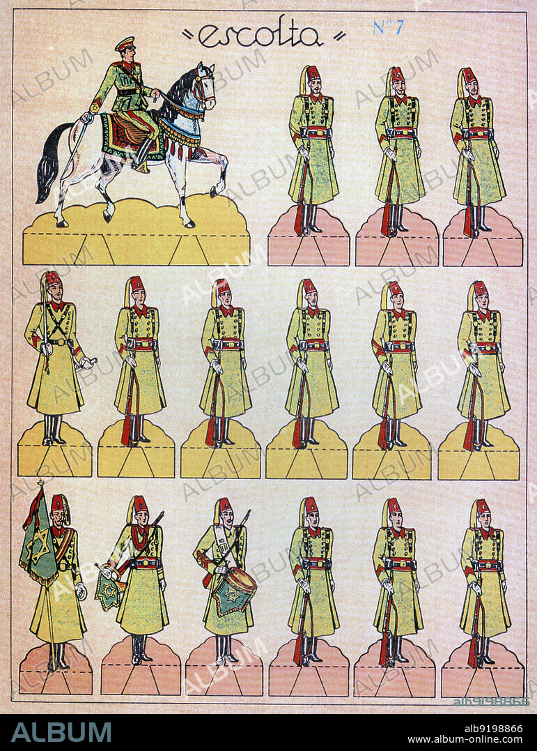 España. Hoja recortable infantil. Guardia de Franco. Escolta mora. Regulares a pié y a caballo. Años 1941.