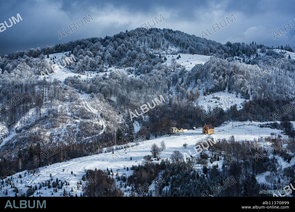 Winter landscapes of Carpathian Mountains near Brasov, Brasov County, Romania, Europe.