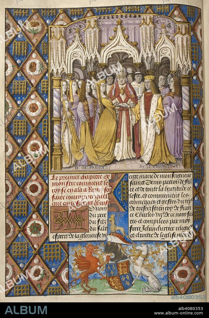 The marriage of King Henry V of England and Catherine of Valois ( in 1420. Border of lozenge-shaped compartments containing alternately a portcullis and a white rose with red centre. At the foot of the page are the arms of King Henry VII with crest of a crowned lion and a wyvern and greyhound as supporters. Chroniques de France ou de Saint Denis. France (Paris?); 1487. Source: Royal 20 E. VI, f.9v. Language: French.