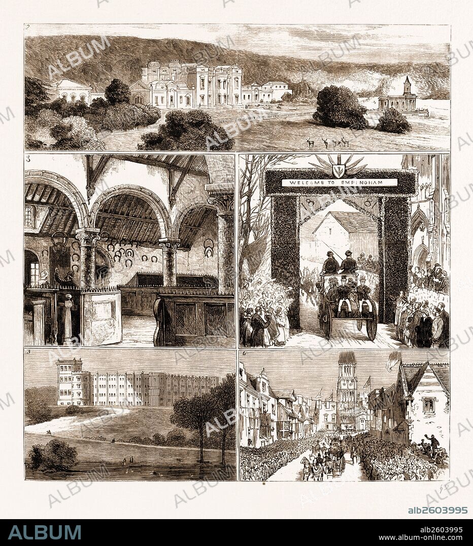 THE PRINCE AND PRINCESS OF WALES IN THE MIDLANDS, UK, 1881: 2. Normanton Park. 3. Oakharn Castle, The Oakham Horseshoes. 4. The Drive through Empingham. 5. Grimsthorpe Castle, Lincolnshire. 6. At the Town Hall, Stamford.