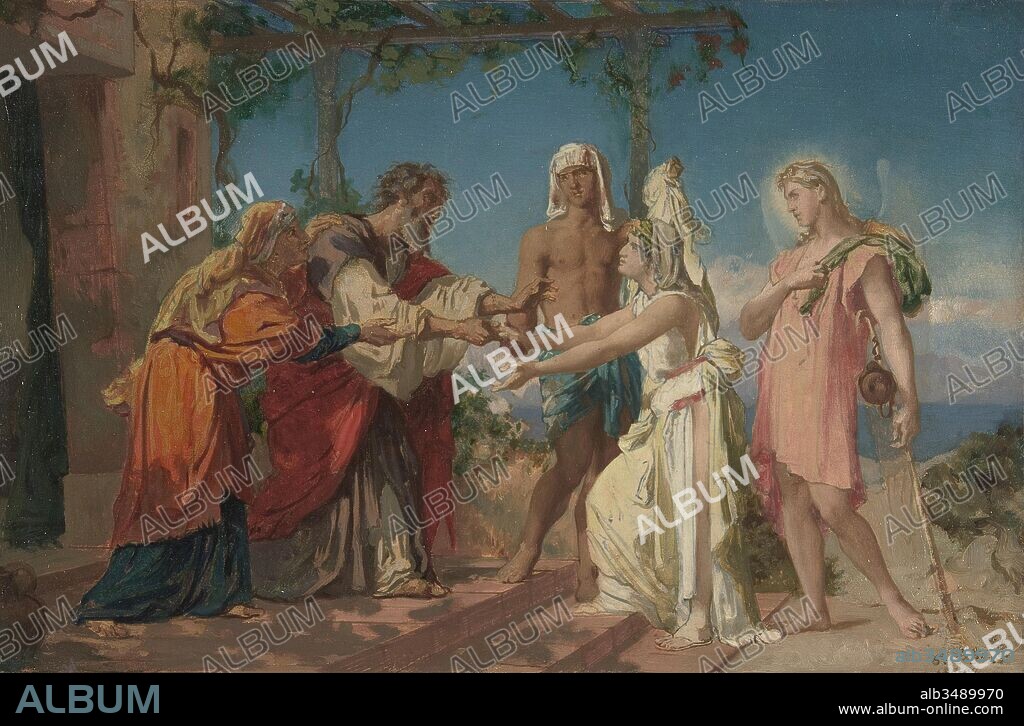 Tobias Brings His Bride Sarah to the House of His Father, Tobit, 1830–82, Oil paint on paper, mounted on board, 9 5/8 x 13 3/4 in. (24.5 x 35 cm), Drawings, Henri Lehmann (French, Kiel 1814–1882 Paris).