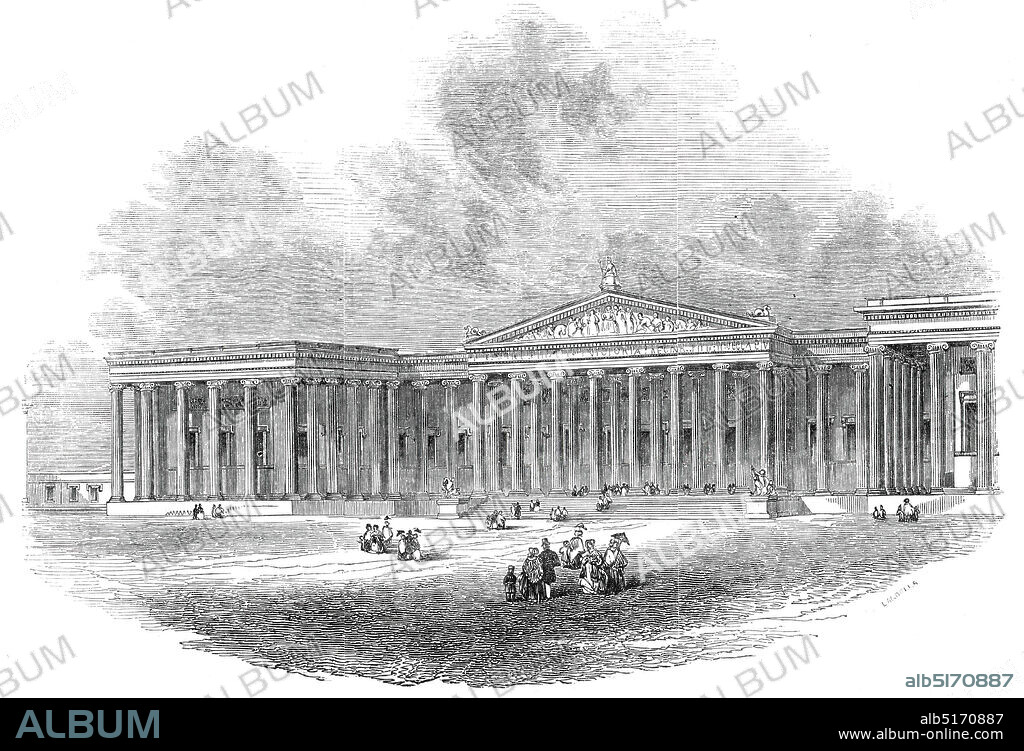 EBENEZER LANDELLS. Façade of the new British Museum, 1845. The newly extended building in Bloomsbury, London. 'The design of the New British Museum...has certainly not been spared by the architectural critic of the "Companion to the Almanac for 1846"," who writes thus:- "The British Museum is progressing slowly, but quietly. Although two or three years more may elapse before the whole facade is complete, unless it be proceeded with more expeditiously than hitherto, we can now very plainly perceive, from what is done, the entire design and its character...the architecture is bare and cold, and has an unfinished air. At the best, the merit of the design is quite of a negative kind, as it consists entirely of colonnading, and nothing more...'. From "Illustrated London News", 1845, Vol VII.