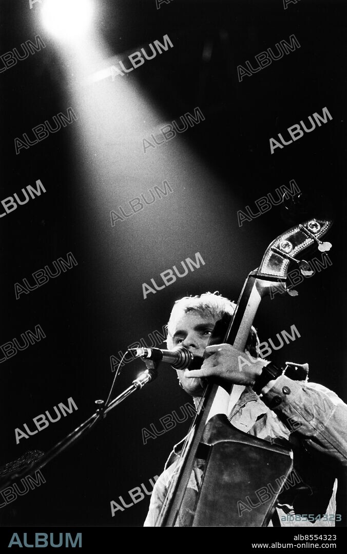 STOCKHOLM 1982-01-03. Sångaren och basisten Sting i den brittiska gruppen The Police spelar på sin kontrabas när gruppen uppträder i Stockholm.. Foto: Ingvar Svensson / SvD / TT / Kod: 11014.