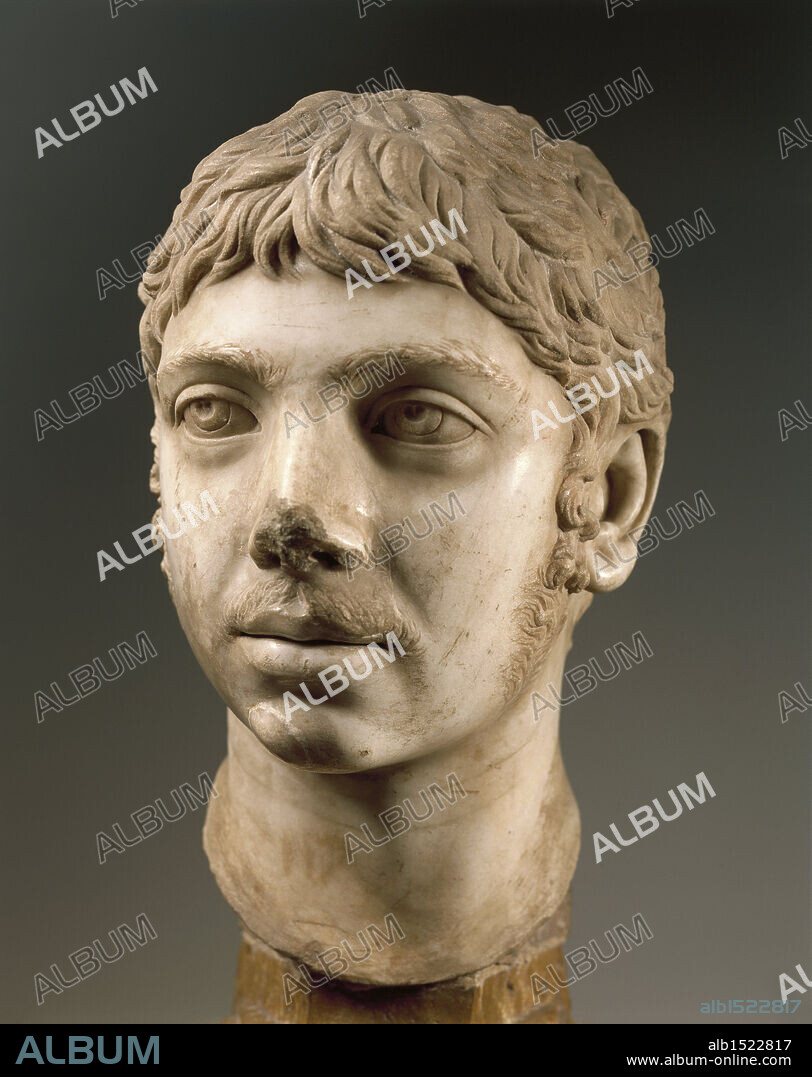 Head of Emperor Marcus Aurelius Antoninus (Sextus Varius Avitus Bassianus better known as Elagabalus or Heliogabalus, circa 203 - 222 A.D.), Severan dynasty, circa 221 A.D. imperial age, marble  3rd century A.D., Roman art.