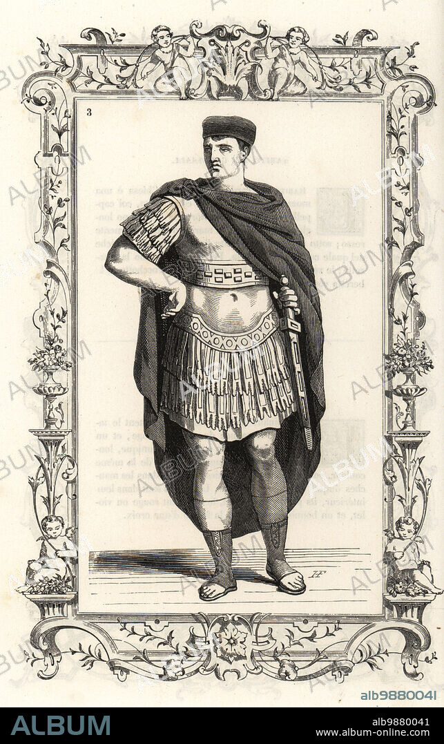 Costume of ancient Roman and Trojan men. He wears a long chlamys cloak tied at the shoulder over armored breastplate, with sword and sandals. Within a decorative frame engraved by H. Catenacci and Fellmann. Woodblock engraving by Gerard Seguin and E.F. Huyot after a woodcut by Christoph Krieger from Cesare Vecellios 16th century Costumes anciens et modernes, Habiti antichi et moderni di tutto il mondo, Firman Didot Ferris Fils, Paris, 1859-1860.