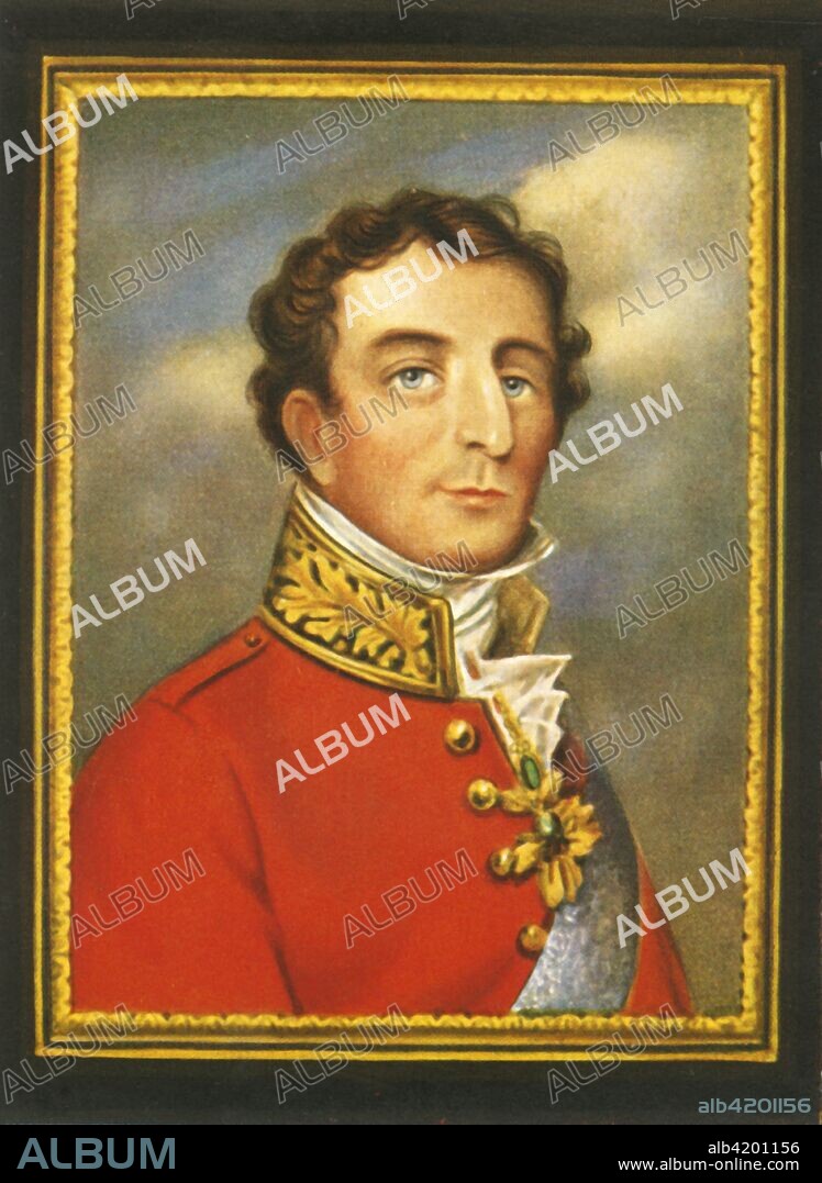 'Sir Arthur Wellesey Duke of Wellington', (1933). Portrait of British/Irish soldier and statesman Arthur Wellesley, 1st Duke of Wellington (1769-1852). Wellington commanded the victorious British forces in the Peninsular War, for which he was promoted to Field Marshal and made a duke. In 1815 he inflicted the final defeat on Napoleon at Waterloo. Christened the 'Iron Duke', Wellington served as Prime Minister in 1828-1830, but his intransigent opposition to parliamentary reform led to him being compelled to resign. His death was marked by a grand funeral and the honour of a burial in St Paul's Cathedral in London, alongside the other great British military hero of the Napoleonic Wars, Nelson. After a miniature by J Parent. From "Gestalten Der Weltgeschichte", a book of cigarette-card portrait miniatures of figures in world history from the last four hundred years. [Germany, 1933].