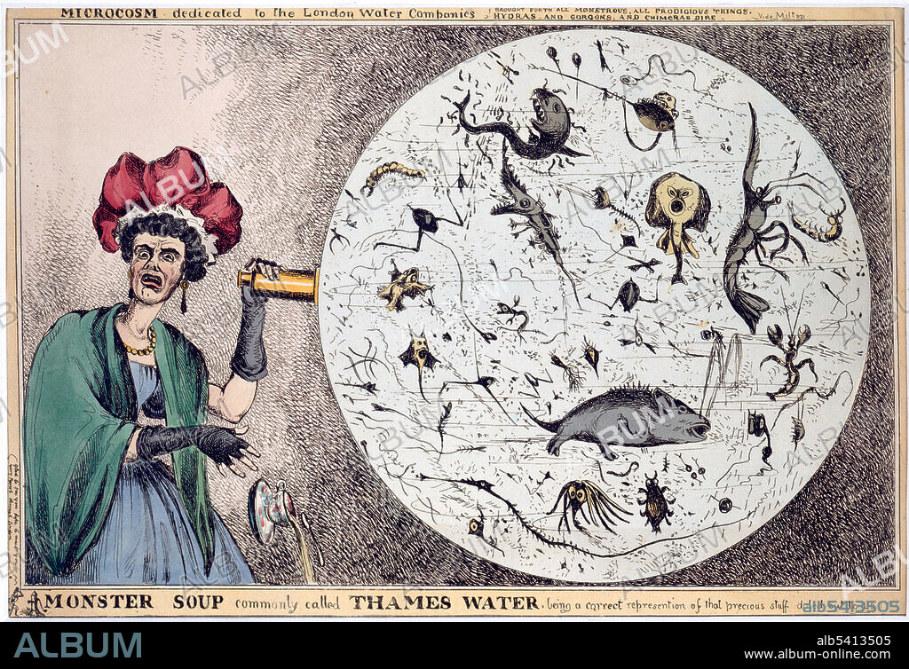 Engraving meant to satirize the state of London's water supply, 1828. Entitled 'Monster Soup,' by William Heath, the caricature shows a woman looking at a drop of Thames water under a spyglass or microscope. It is full of scary monsters. Original caption: "Monster soup commonly called Thames water, being a correct representation of that precious stuff doled out to us!!! Microcosm, dedicated to the London Water Companies, Brought Forth All Monstrous, All Prodigious Thigs [sic], Hydras, and Gorgons, and Chimeras Dire. Vide Milton. ['Paradise Lost', ii.]".