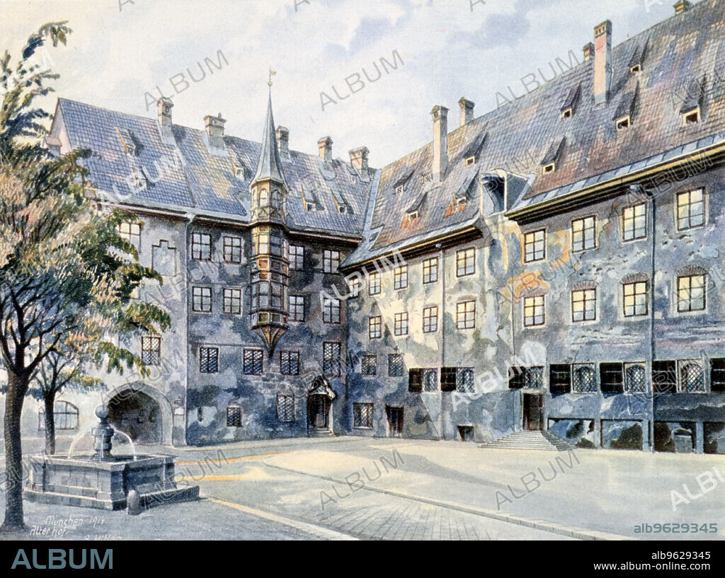 'The Courtyard of the Old Residenz in Munich', 1914. Adolf Hitler often claimed to be a frustrated artist, and art was one of his major interests throughout his life. He produced many paintings, predominantly landscapes, postcard scenes and urban views, and there was a considerable market for his work during the Third Reich. This example of his work was reproduced in a coffee table book about Hitler published during the Third Reich, millions of copies of which were printed. By 1938 Hitler had decided to prohibit reproductions of his paintings.