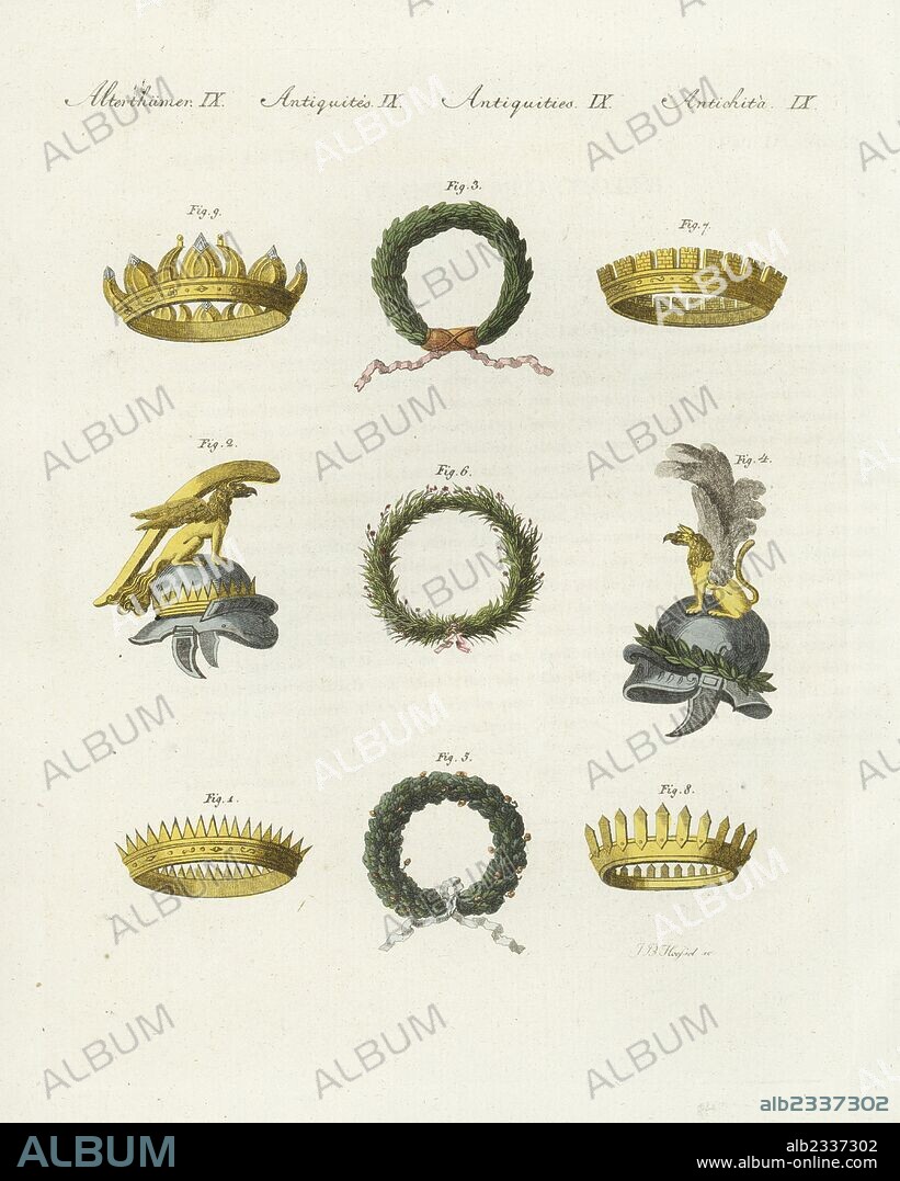 Crowns of the ancients: radial crowns 1,2, laurel wreaths 3,4, civic crown 5, Obsidionalis (for generals who delivered a town under siege) 6, crenellated Murali (for the first man to cross the wall of a besieged town) 7, Vallaris (for soldiers who stormed enemy camps) 8 and naval coronet (for victories at sea) 9. Handcoloured copperplate engraving by J.B. Hoessel from Friedrich Johann Bertuch's Bilderbuch fur Kinder (Picture Book for Children), Weimar, 1802.