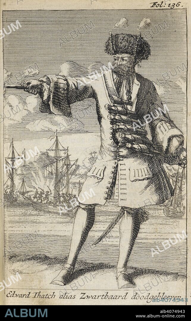 DEFOE, DANIEL (JOHNSON, CAPTAIN CHARLES, PSEUD. ). Edward Thatch aka Edward Teach or Blackbeard the pirate. He lit fuses under his hat to enhance his fearsome appearance. A General History of the Pirates ... Historia der Engelsche Zee-Roovers ... Amsterdam, 1725. Source: 9555.aaa.1, page 136.