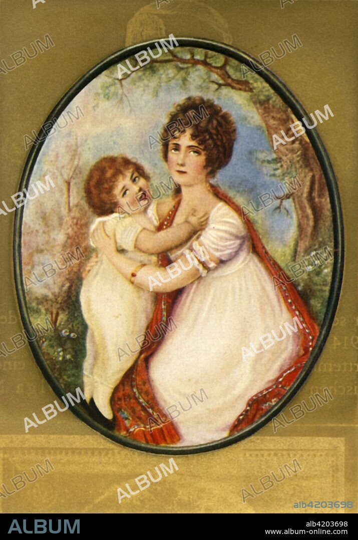 'Karoline', (1933). Portrait of Caroline of Baden (1776-1841), Queen consort of Bavaria, with one of her children - possibly a son, Maximilian (1800-1803), or one of her six daughters. After a miniature of 1803 by Desvernois. From "Gestalten Der Weltgeschichte", a book of cigarette-card portrait miniatures of figures in world history from the last four hundred years. [Germany, 1933].
