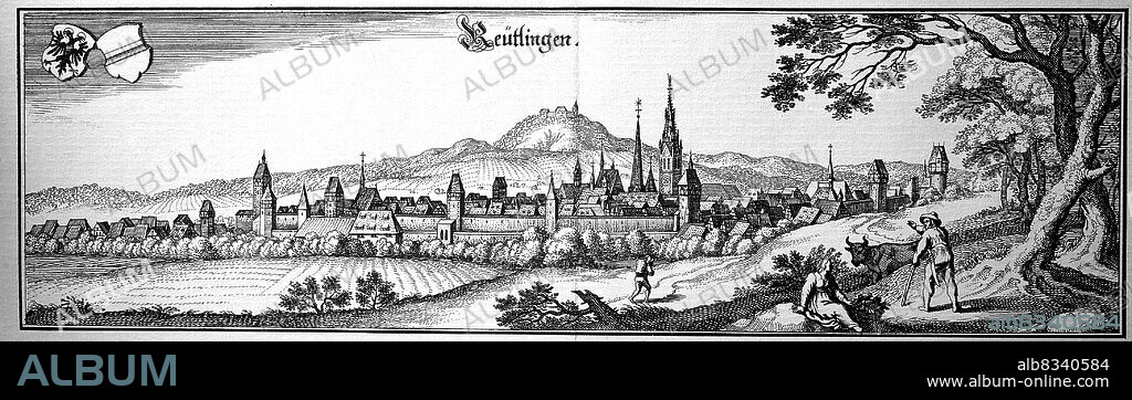 Reutlingen im Mittelalter, Baden-Wºrttemberg, Deutschland / Reutlingen in the Middle Ages, Baden-Wºrttemberg, Germany, historical, digital improved reproduction of an original from the 18th century / digital restaurierte Reproduktion einer Originalvorlage aus dem 18. Jahrhundert, genaues Originaldatum nicht bekannt.