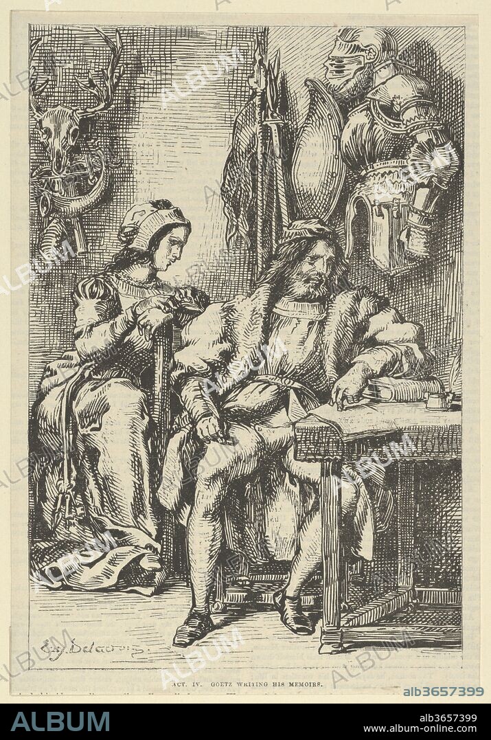 Goetz von Berlichingen Writing His Memoirs. Artist: After Eugène Delacroix (French, Charenton-Saint-Maurice 1798-1863 Paris). Dimensions: Block: 8 3/8 x 5 5/8 in. (21.3 x 14.3 cm)
Sheet: 9 x 6 1/8 in. (22.9 x 15.6 cm). Engraver: Andrew, Best, Leloir, Hotelin et Régnier. Series/Portfolio: Goethe, Goetz von Berlichingen, Act 4. Date: after 1845.
Based on a scene in Goethe's play (published in German in 1773; and French in 1823) that tells the story of  the life of a German knight (1480-1562) who fought to regain the privileges of free knights, nullified by the emperor Maximilian I in 1495.