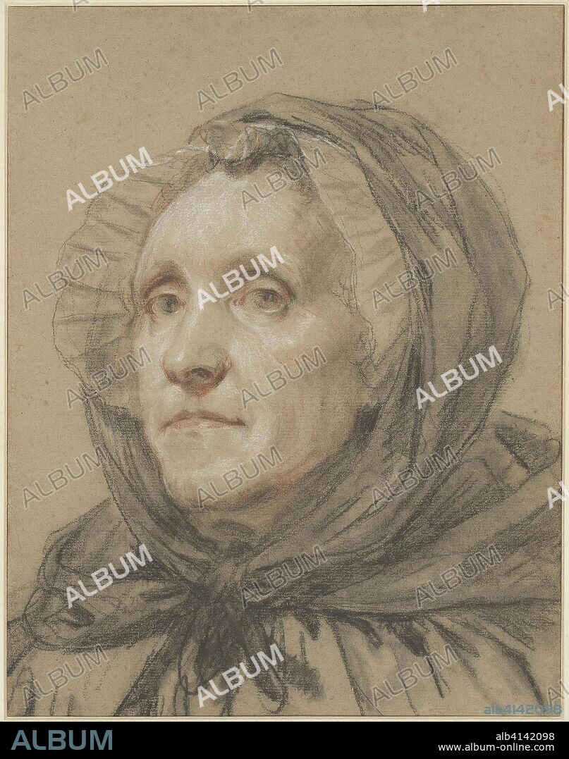JEAN BAPTISTE GREUZE. Portrait of the Artist's Mother. Jean-Baptiste Greuze; French, 1725-1805. Date: 1775. Dimensions: 377 × 293 mm. Black, red, and white chalk with stumping on brownish-gray laid paper, laid down on a ivory laid card. Origin: France.