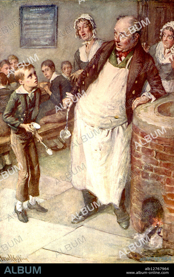 'Oliver Twist Asks For More', c1900. The main character in Charles Dickens' novel "Oliver Twist". 'The master, in his cook's uniform, stationed himself at the copper,...the gruel was served out...The gruel disappeared...Child as he was, he was desperate with hunger and reckless with misery. He rose from the table, and advancing to the master, basin and spoon in hand, said, somewhat alarmed at his own temerity: "Please, sir, I want some more". From "Stories of Children from Dickens", told by his granddaughter Mary Angela Dickens and others, with an introduction by Percy Fitzgerald, illustrated by Harold Copping, [Raphael Tuck & Sons Ltd, London, c1900].