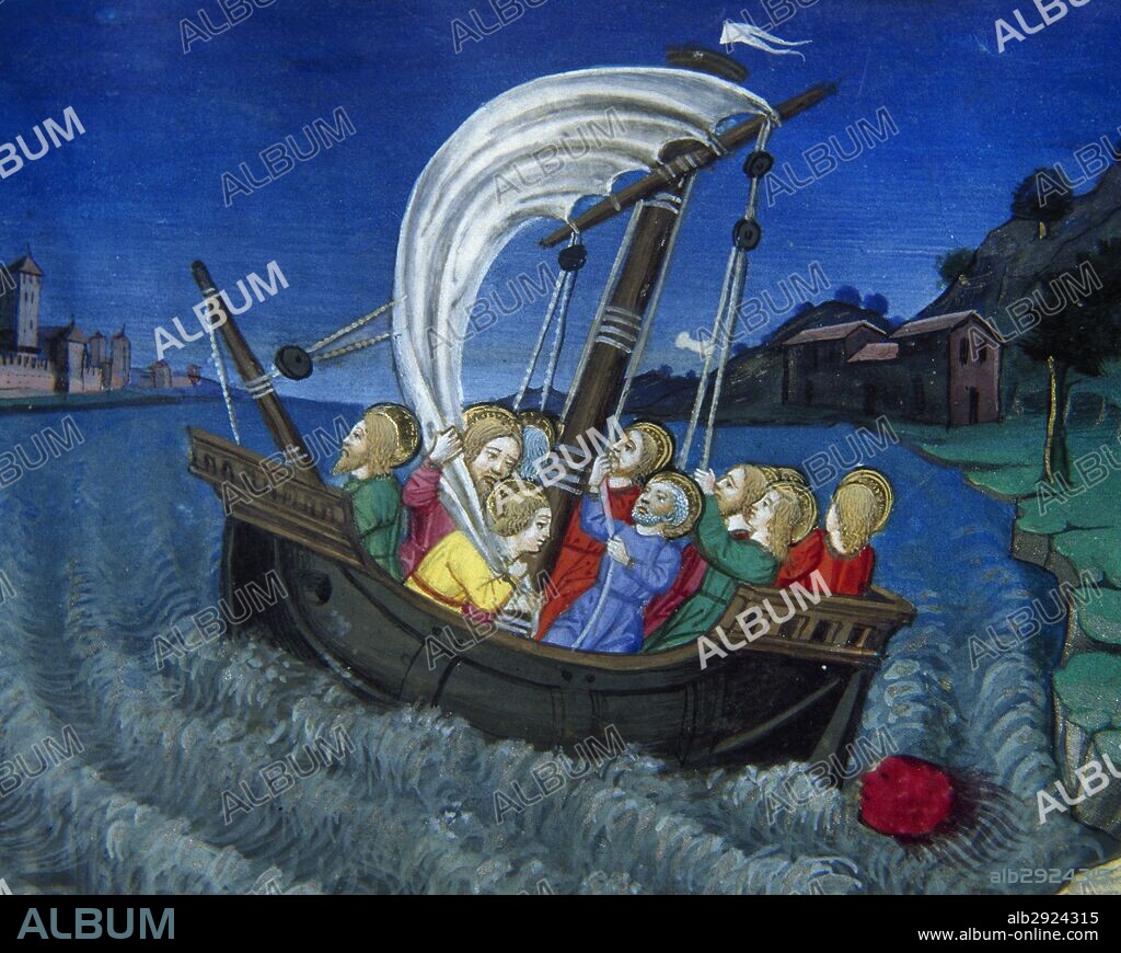 "NAVEGANDO POR EL LAGO GENEZARET". Página miniada del CODICE DE PREDIS. Renacimiento-Quattrocento (siglo XV). Biblioteca Real. Turín. Italia.