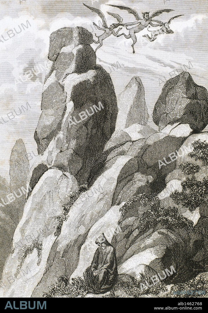 Legend of Fray Juan Garin, hermit of Montserrat. Fray Garin meditating on the mountain of Montserrat. Barcelona province. Catalonia. Spain. Engraving of 19th century.