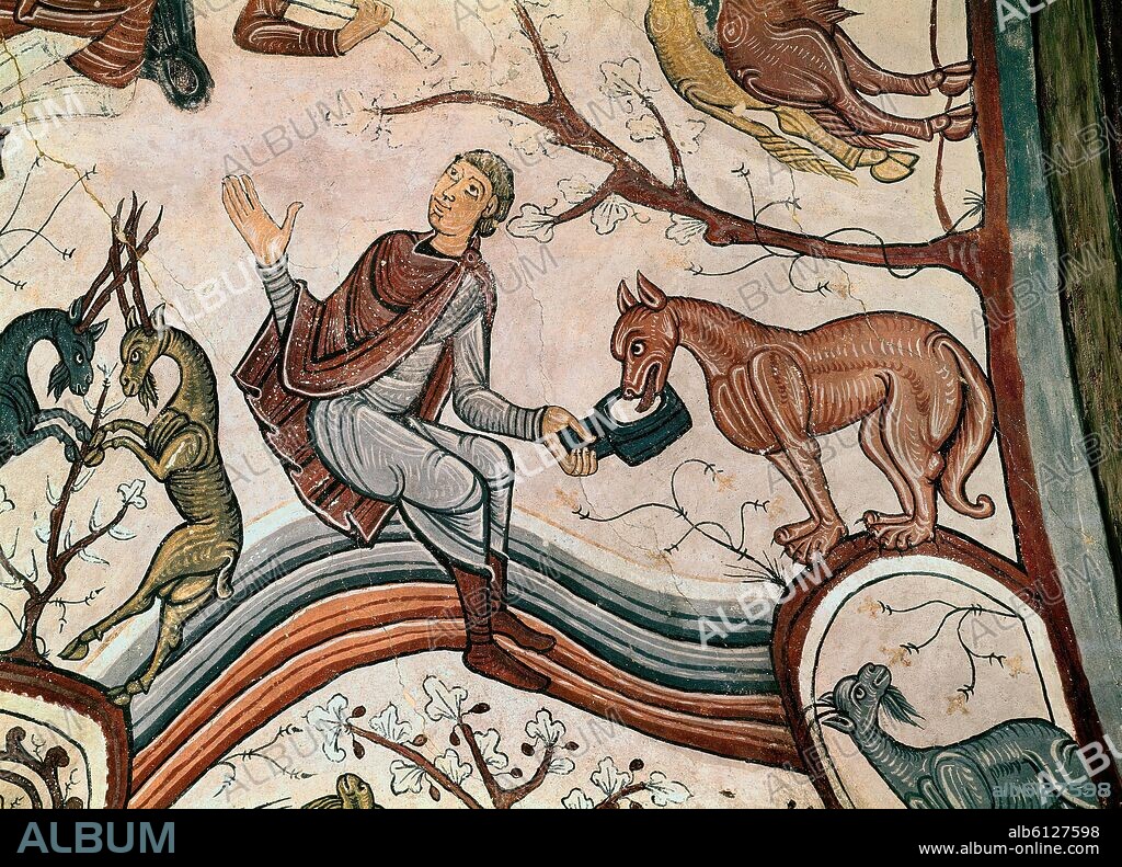 Detail of Roman Paintings. 12th century. Leon, Collegiate church of San Isidro. Spain.