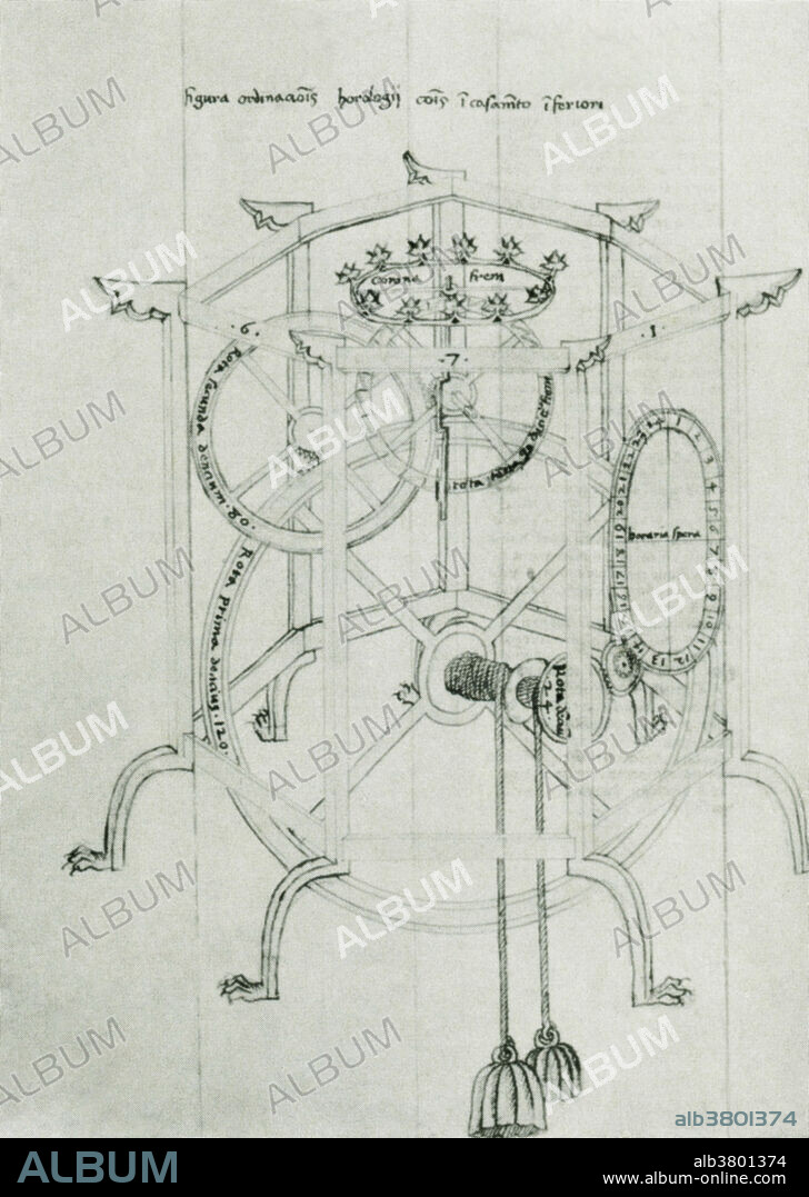 Design sketch of the astrarium by Giovanni de' Dondi, a 14th century professor of astronomy. An astrarium, is also known as an astronomical clock and planetarium. Giovanni de'Dondi and his son Jacopo were pioneers of the design and construction of this complex clock.