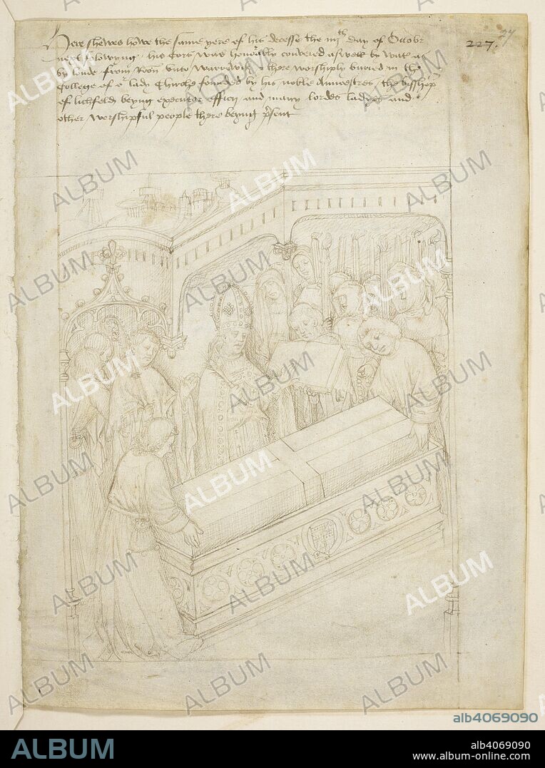Richard Beauchamp, Earl of Warwick, being buried in his coffin, in St. Mary's church, Warwick. The Bishop of Lichfield conducts the funeral ceremony. Beauchamp pageants. S. Netherlands [Bruges?]; after 1483. Source: Cotton Julius E. IV art.6 f.27.