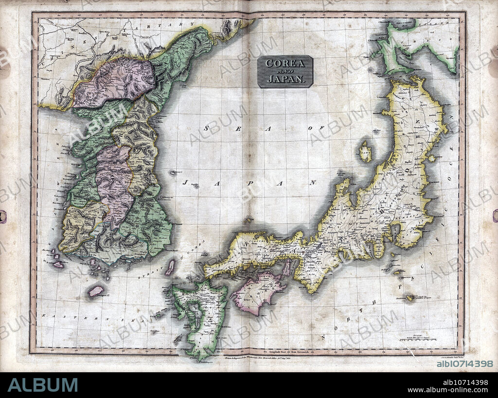 [ 1810s Japan - Map of Korea and Japan, 1815 ] Map of Korea and Japan by J. & G. Menzies dating from 1815. "Drawn & engraved for Thomson's New General Atlas, 16th. Aug.t 1815." Original at scale 1:2,800,000, 50 x 61 cm. 20th century vintage map.