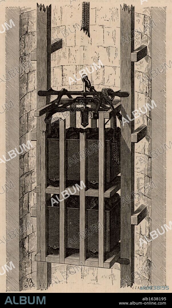 Fontaine's safety cage for mine shafts.   If the rope or chain suspending the cage broke a spring was released and levers were thrust into the guide rods, so stopping the cage from plunging to the bottom of the shaft.  From "Underground Life; or, Mines and Miners" by Louis Simonin (London, 1869). Wood engraving.  (Photo by: Universal History Archive/UIG via Getty Images).