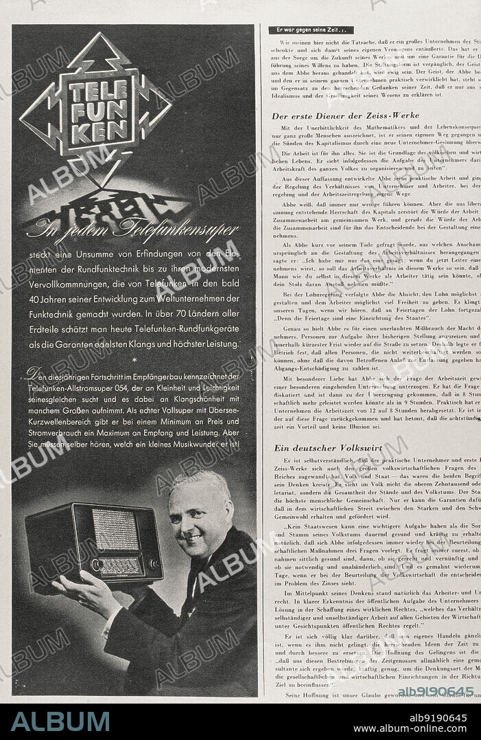 Publicidad de radios de la marca Telefunken en una de las páginas interiores de la revista "Signal", ejemplar número 9 (10 de agosto de 1940) de la edición alemana-italiana. Telefunken fue una empresa alemana de fabricación de aparatos de radio y televisores fundada en 1903. "Signal" se publicó entre abril de 1940 y abril de 1945, siendo el principal órgano de propaganda del ejército alemán durante la Segunda Guerra Mundial.