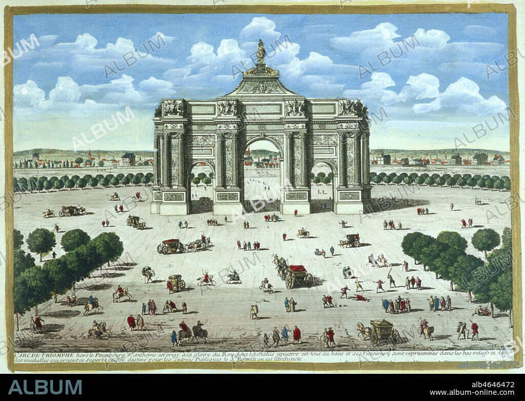 'L'arc de triomphe' ; c'est d'apres les dessins de Claude Perrault (1613-1688) que fut bati l'arc de triompe du faubourg Saint-Antoine en 1670 ; in 'Vues des belles maisons de France', estampe de Gabriel Perelle (1604-1677), 1680, Paris, N. Langlois (gravure du temps). Estampe de la fin du 17eme siecle. Credit : Coll. BHVP-Grob/Kharbine-Tapabor.