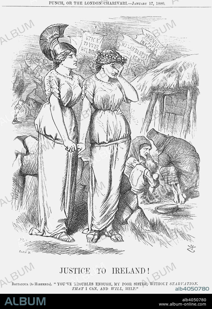 'Justice to Ireland', 1880. Britannia comforts a tearful Hibernia. To the right of the cartoon, an Irish family is on the brink of starvation whilst, in the background, a march takes place. This relates to a scarcity of food in Ireland at the beginning of the year. Charles Parnell made a visit to New York at that time where he said that the only help that Ireland needed was to free herself from British landlords and the land rental system which was responsible for bringing such poverty. There was much agitation in Ireland at the time against the payment of rent, whilst relief funds collected by such people as the Lord Mayor of Dublin and the Duchess of Marlborough were used to prevent a real famine. From Punch, or the London Charivari, January 17, 1880.