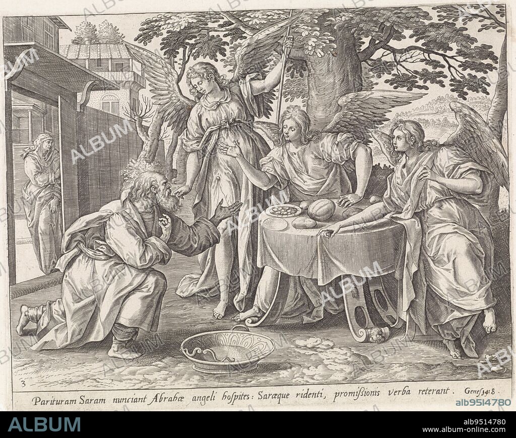 The three angels visit Abraham and sit at the table he has set for them. They promise him that he and Sarah will have a son. Abraham hears the news kneeling. Sara listens in the doorway. Below the image a reference in Latin to the Bible text in Gen. 18. Abraham and the Three Angels History of Abraham Thesaurus sacrarum historiarum veteris testamenti , print maker: Adriaen Collaert, (attributed to), Maerten de Vos, publisher: Gerard de Jode, Antwerp, 1585, paper, engraving, h 202 mm × w 256 mm.