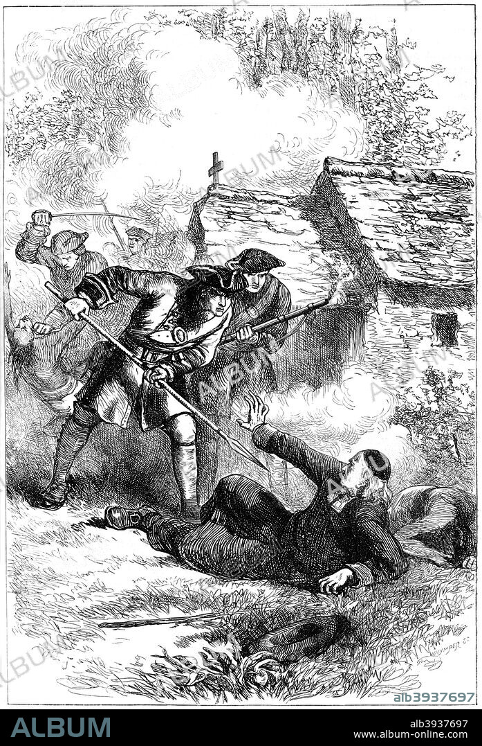 Death of Sebastien Rale, French Jesuit missionary in America, 1724 (c1880). Rale (1657-1724) was a French Jesuit missionary who worked among the Abenaki Indians in north-eastern North America. He became involved in the conflict over disputed territory between the French and English and their respective Native American allies. The Abenaki raided English settlements, apparently with Rale's encouragement, and he was killed in a retaliatory raid by the English. A print from Cassell's History of the United States, by Edmund Ollier, Volume I, Cassell Petter and Galpin, London, c1880.