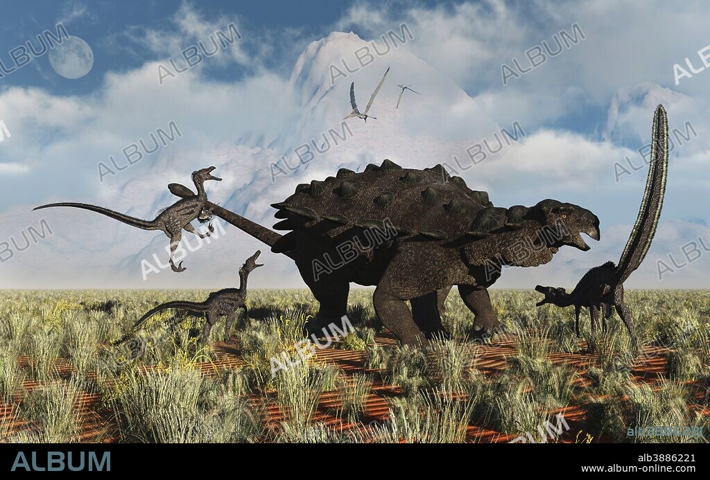 Velociraptors attacking an armored Pinacosaurus dinosaur during Earth's Cretaceous period of modern day Asia.