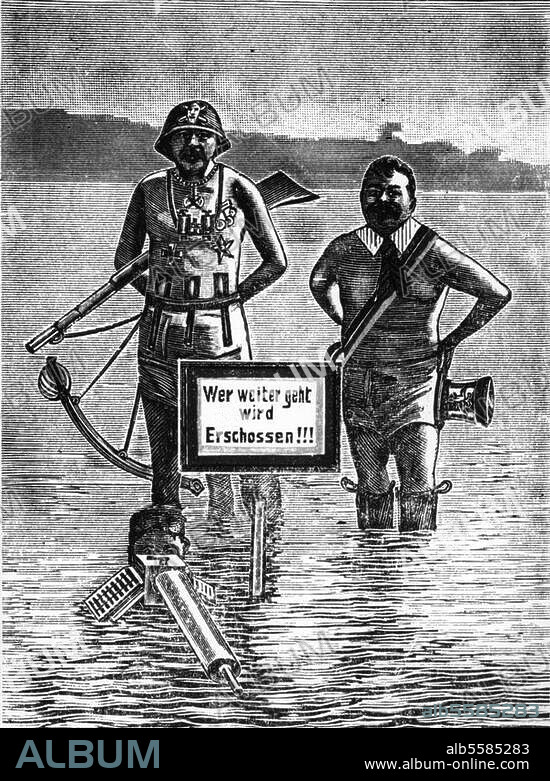Ebert, Friedrich. 4.2.1871 (Heidelberg) - 28.2.1925 (Berlin). Politiker (SPD), Nov. 1918 Reichskanzler. 1919-1925 Reichspräsident. "Auch unsere Zukunft liegt auf dem Wasser!" (Ebert u. Reichswehrminister Gustav Noske). Karikatur unter Verwendung des bekannten Urlaubsfotos. Postkarte, um 1920.