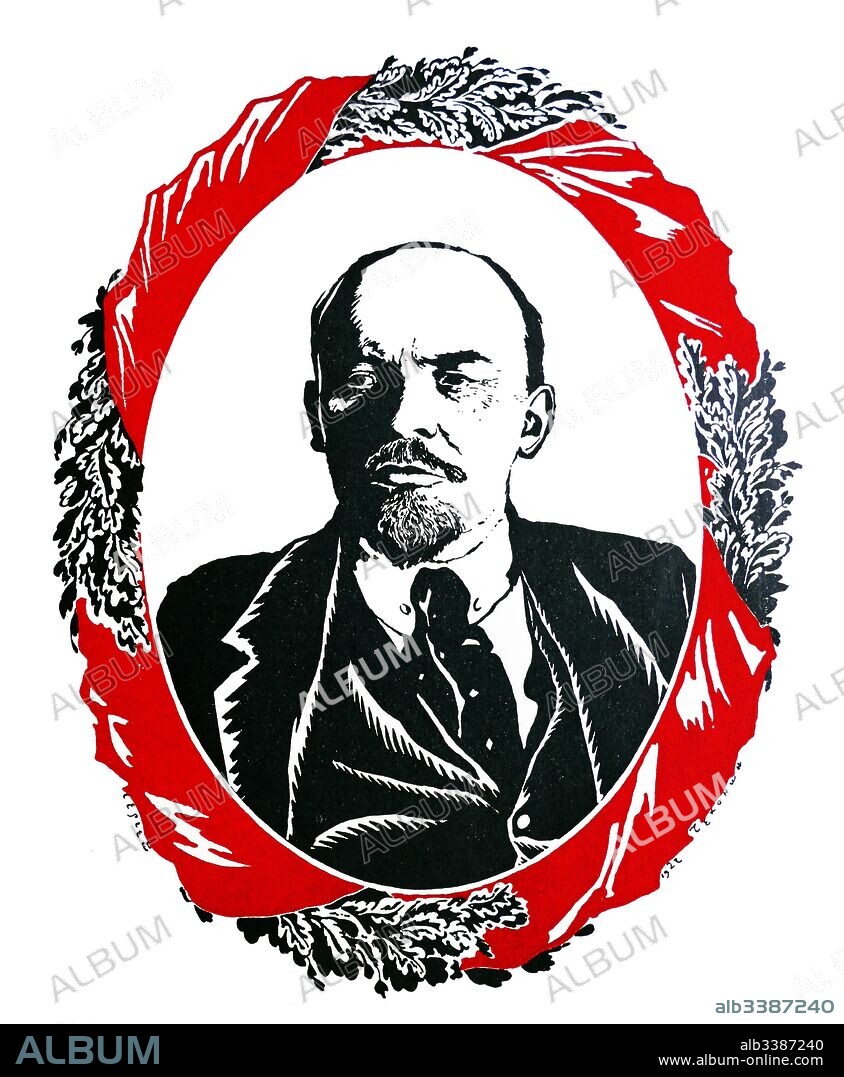 Illustration, commemorating Vladimir Lenin. 1927. Vladimir Ilyich Ulyanov, better known as Lenin (1870 - 1924), was a Russian communist revolutionary, politician, and political theorist. He served as head of government of the Russian Republic from 1917 to 1918, of the Russian Soviet Federative Socialist Republic from 1918 to 1924, and of the Soviet Union from 1922 to 1924.