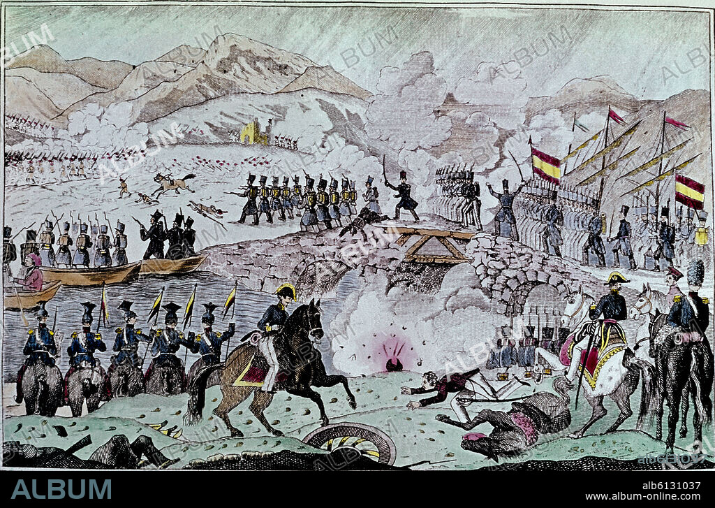 TOMA DEL PUENTE DE LUCHANA DURANTE LA 1ª GUERRA CARLISTA 1836-ASEDIO DE BILBAO - GRABADO - SIGLO XIX.