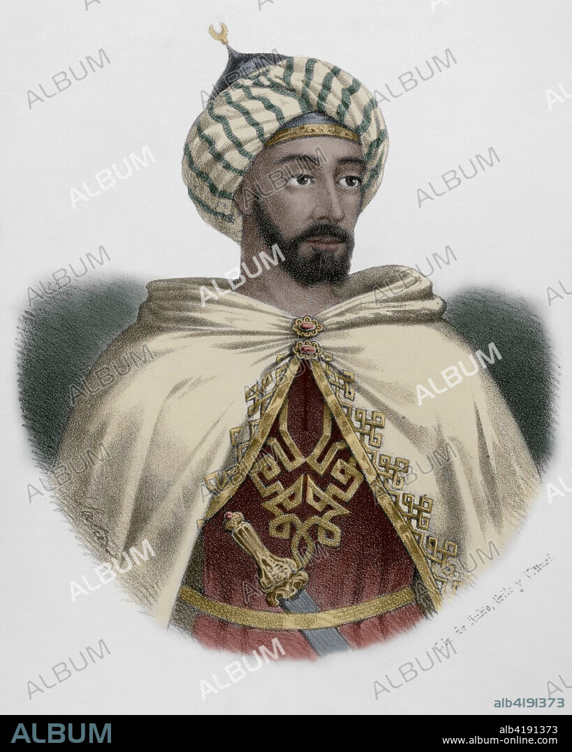 Abu Addallah Muhammad XII (1459-1533), known in Europe as Boabdil. Last Nasrid ruler of the Emirate of Granada in Iberia. His first reign was between 1482 and 1483; his second between 1487 and 1492. Portrait. Lithography. Later colouration. "Cronica General de España, Historia Ilustrada y Descriptiva de sus Provincias. Andalucia", 1869.