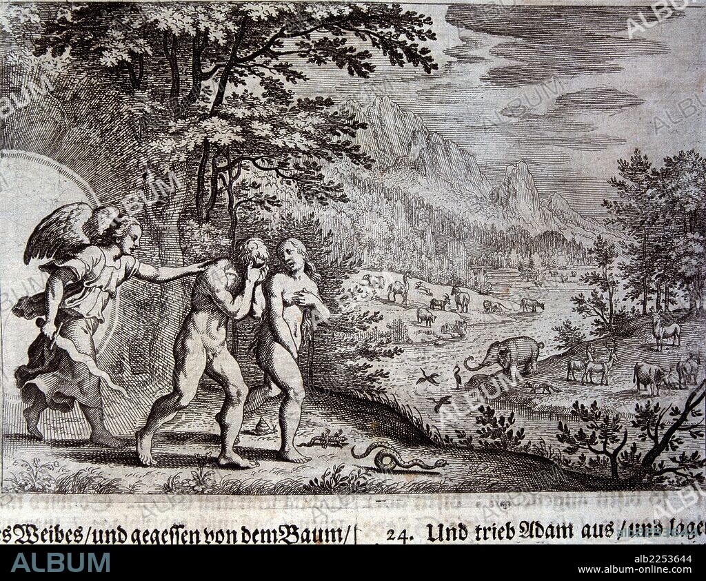 ADAN Y EVA. PERSONAJES BIBLICOS ILUSTRACION BIBLIA SACRA DE MARTIN LUTERO. 1704. EXPULSION DEL PARAISO TERRENAL. BIBLIOTECA NACIONAL. MADRID. MADRID.