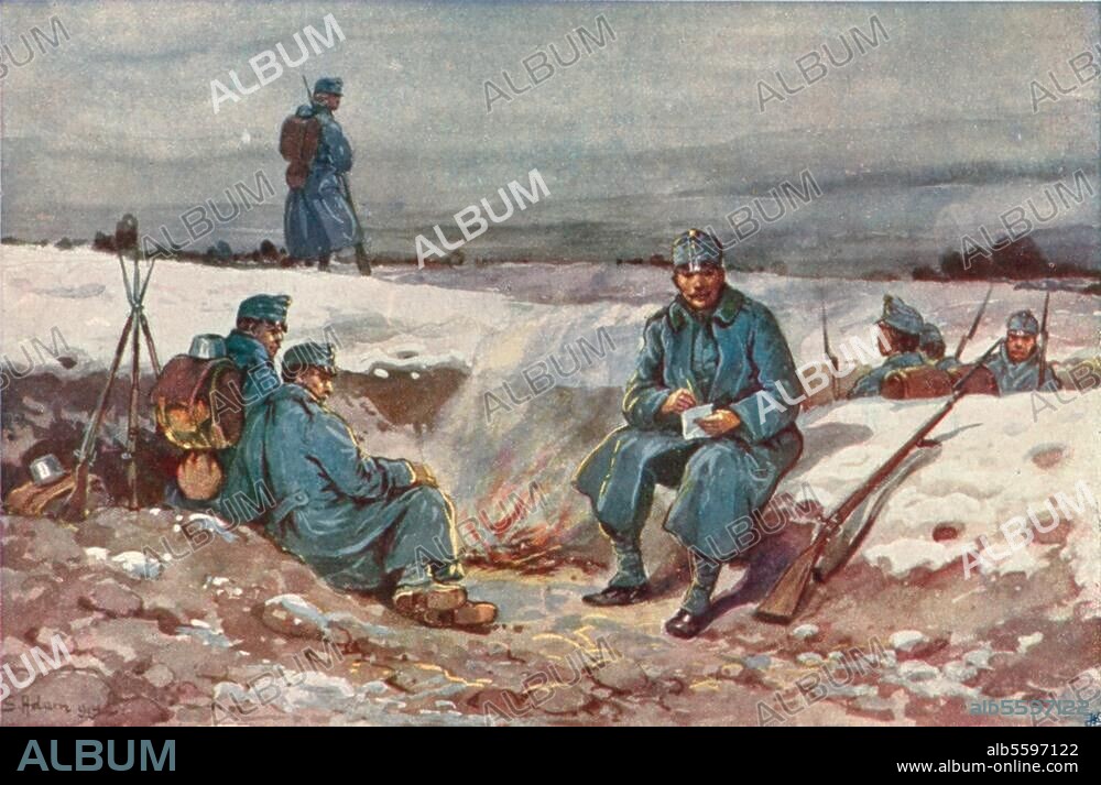 Geschichte / 1. Weltkrieg / Propaganda. - "Brief nach der Heimat."- Bildpostkarte, nach Gemälde von S.Adam, um 1914. Berlin, Sammlung Archiv für Kunst und Geschichte.