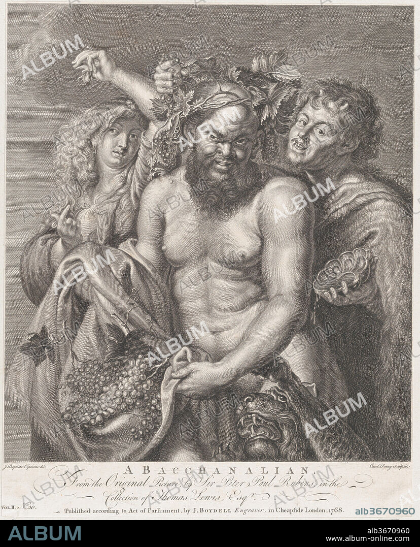 Bacchus accompanied by a Bacchante and a faun. Artist: After Peter Paul Rubens (Flemish, Siegen 1577-1640 Antwerp); Carlo Faucci (Italian, 1729-ca. 1784); Intermediary draftsman Giovanni Battista Cipriani (Italian, Florence 1727-1785 Hammersmith (active London)). Dimensions: Sheet (Trimmed): 15 3/16 × 12 3/16 in. (38.5 × 30.9 cm). Published in: London. Publisher: John Boydell (British, Shropshire 1720-1804 London). Date: 1768.