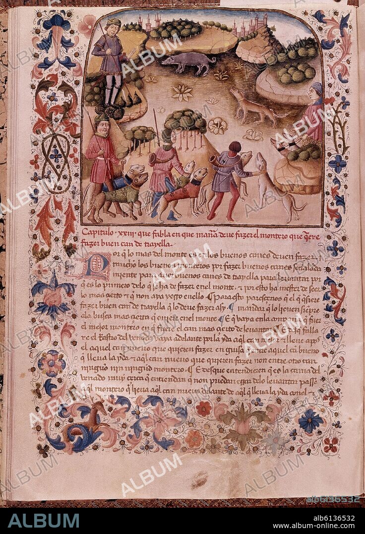 ALFONSO X EL SABIO (1221-1284). LIBRO DE MONTERIA DE ALFONSO XI-CAZA DEL JABALI-MINIATURA GOTICA-S XIV.
