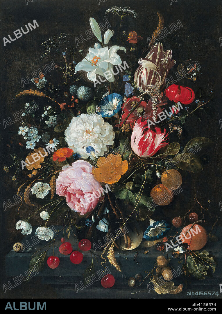 Jan Davidsz. de Heem (Utrecht, 1606-Amberes, 1683/1684). Florero con vaso de cristal y frutas (hacia 1665). Óleo sobre tabla. 53,4 x 41 cm.