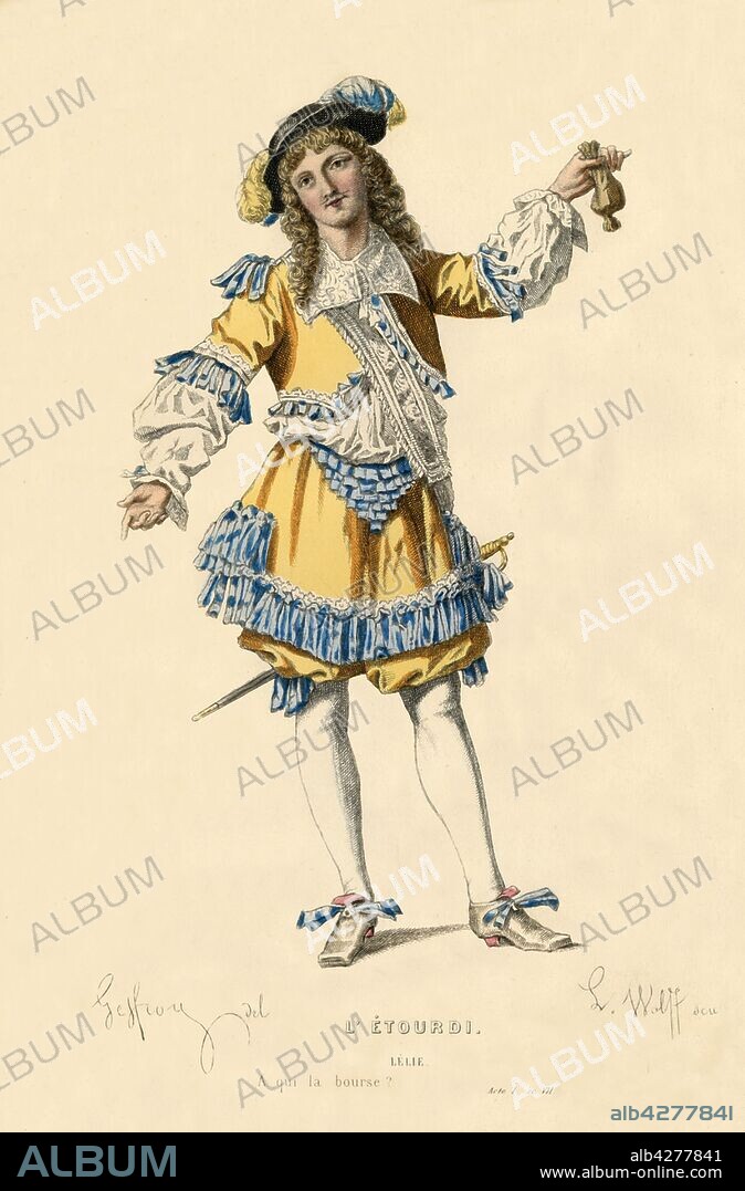 L WOLFF. Lelio, 1868. The character of Lelio in the theatrical comedy "L?Étourdi ou les Contretemps" (The Blunderer, or the Counterplots) by Jean Baptiste de Molière, first staged in 1655. From "Oeuvres Complètes De Molière", (Complete Works of Molière), with an introduction by Jules Janin. [F. de P. Mellado, Paris, 1868].
