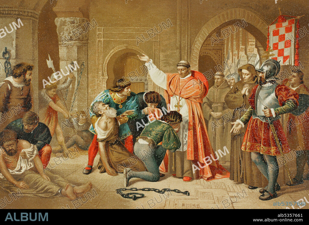 La conquista española de Orán (17 de mayo de 1509). El cardenal Cisneros (1436-1517) conquistó la ciudad para el rey Fernando el Católico. Un ejército dirigido por Pedro Navarro (1460-1528), al que acompañaba Cisneros, ocupó la ciudad norteafricana de Orán. Ilustración a partir de un cuadro de Francisco Jover. Cromolitografía. Historia General de España, por Miguel Morayta. Tomo III. Madrid, 1890.
