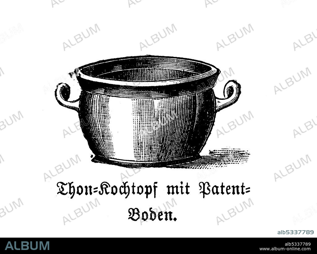 kitchen implement, Clay pot with patent floor, historic kitchen appliances, Betty Gleim's cookbook, 1847  /   Ton Kochtopf mit Patentboden, historische Küchengeräte, Betty Gleims Kochbuch, 1847, Historisch, historical, digital improved reproduction of an original from the 19th century / digitale Reproduktion einer Originalvorlage aus dem 19. Jahrhundert.